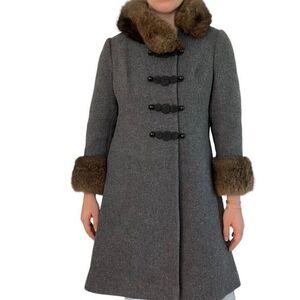 Vintage 1970s Jackie Stuart Gray Wool Tweed Fur Lined Trench Coat Jacket Sz S